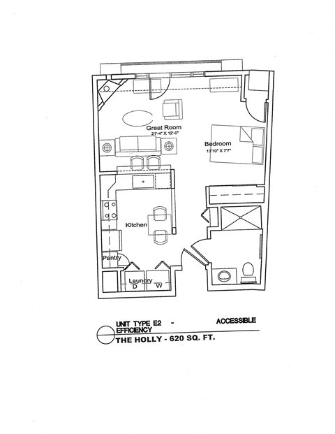 Floor plan for 1 bed, 1 bath, 620 sqft